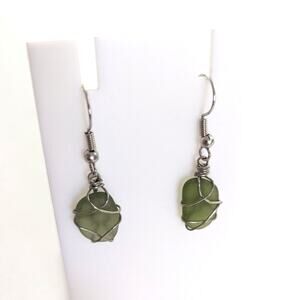 Artisan Handmade Silver Tone Wire Wrapped Green Sea Glass Beachy Hook Earrings
